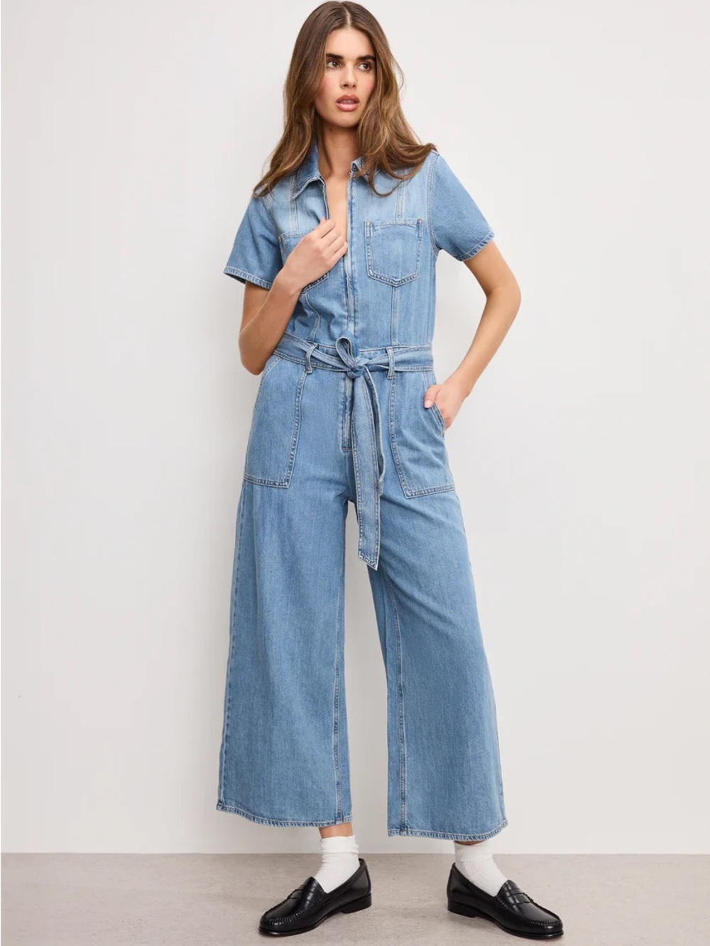Good american Fit For Success Lite Linen Denim Cropped Jumpsuit